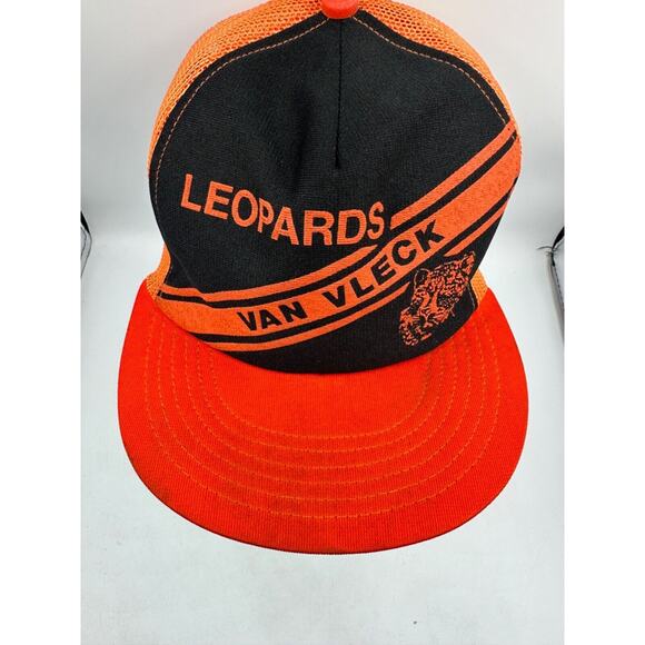 Vtg Leopards Van Vleck Snapback Mesh Trucker Hat Cap Black Orange High School - Picture 3 of 11
